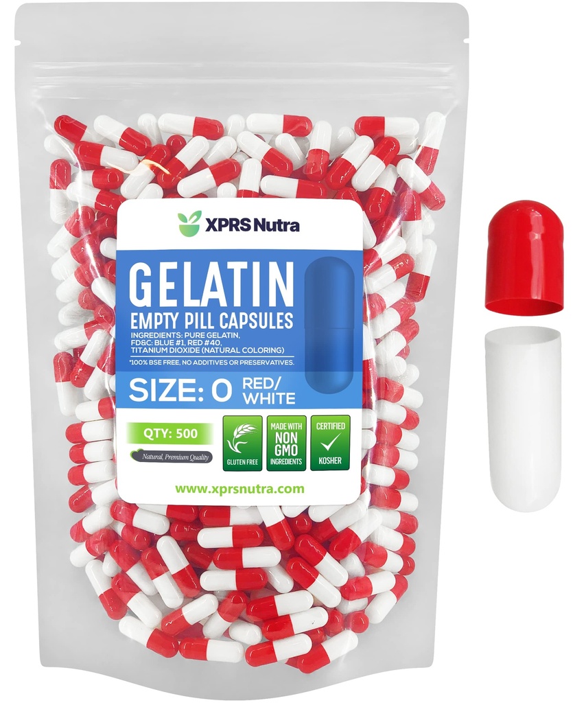 XPRS Nutra Size 0 Tomma kapslar - 500 greve Empty Gelatin Capsules - Pills DIY Capsule Fyllning - Pure Bovine Pill Gel Caps for Do-It-Yourself Supplements (Red / Vit)