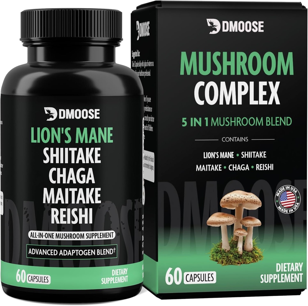 Lions Mane Mushroom Complex - 5300 mg Adaptogen Blend för minne, fokus och immunstöd - 5 i 1 Lionsmane, Chaga, Maitake, Shiitake och Reishi Extract, Nootropic Mushroom Supplement Capsules