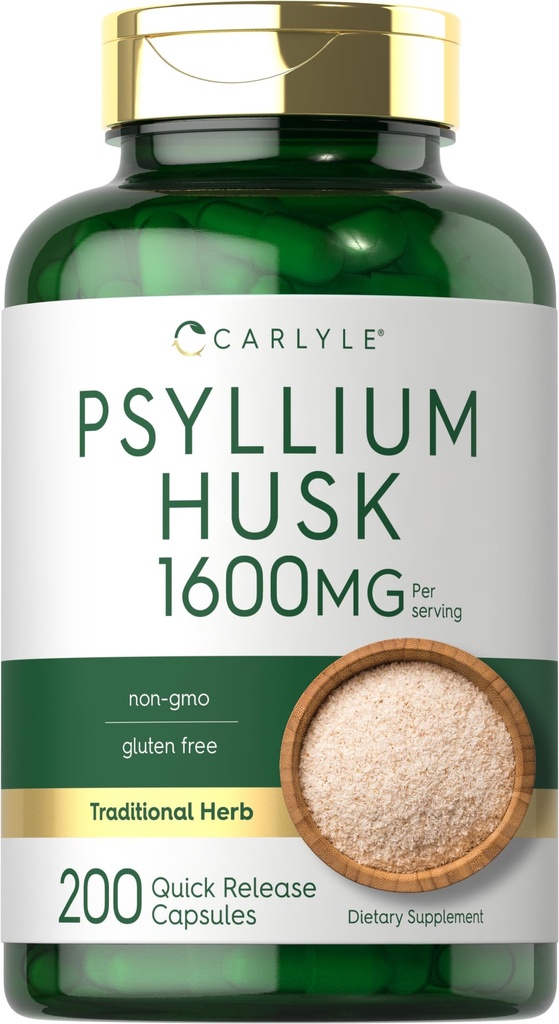 Carlyle Psyllium Husk kapslar 1600mg | 200 greve | High Potency Fiber Supplement | Non-GMO, Gluten Free