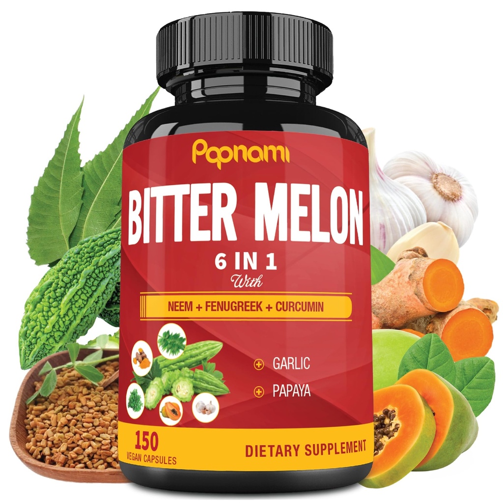 Organic Bitter Melon Extract Capsules - Kombinerad Neem, Fenugreek, Curcumin, Garlic & Papaya - 150 greve för 5 månader - Stöder kroppen, Digestive, hud, Immune & Total Wellness