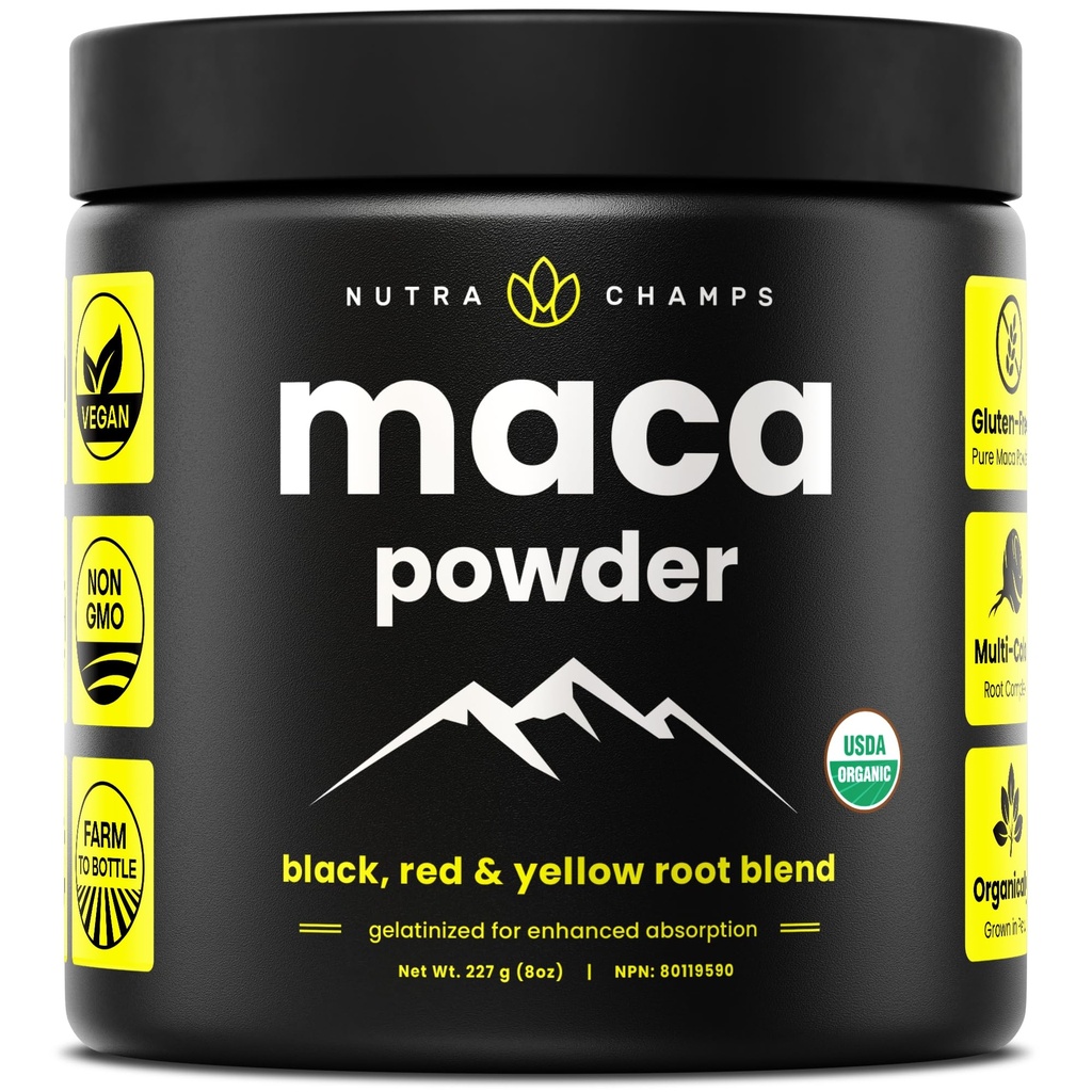 Organic Maca Powder - Peruvian Grown Maca Blend med gula, svarta och röda rötter - Gelatiniserad för Superior Bioavailability - Naturlig, Vegan & Non-GMO, 8oz