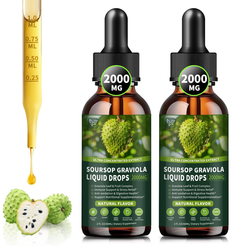 (2 Pack) Soursop Graviola Liquid Drops 2000mg, 98% Absorption för Cell Support & Regeneration, Immune Boost, Liver, Herbal Goodness, Soursop Bitters Liquid-Sugar/Gluten Free, Natural Flavor, 4 Fl Oz