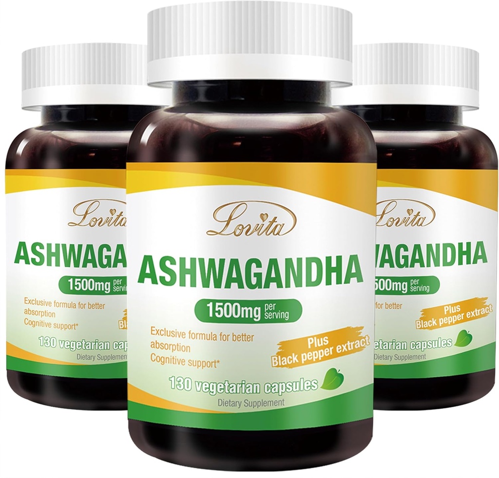 Lovita KSM-66 Ashwagandha | Mycket koncentrerad | 5% Withanolide | 95% Black Pepper Piperine | Stress Relief & Energy Support | Vegan, Gluten Free | 130 kapslar (Pack of 3)