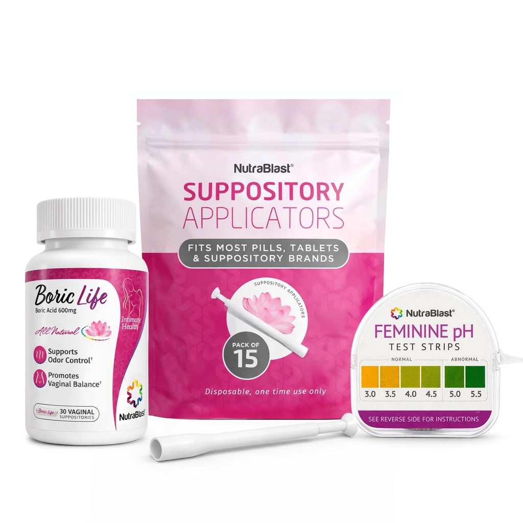 NutraBlast Boric Acid Vaginal Suppositories 600mg (30 greve) w/Disposable Vaginal Suppository Applicators (15-Pack) och Feminine pH Test Strips 3.0-5.5 (100 Test Roll)