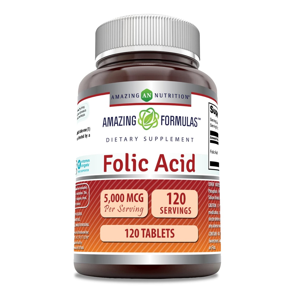 Fantastiska formler Folsyra (Vitamin B9) Tillägg | 5000 Mcg per portion | 120 tabletter | Icke-GMO | Glutenfri | Tillverkad i USA