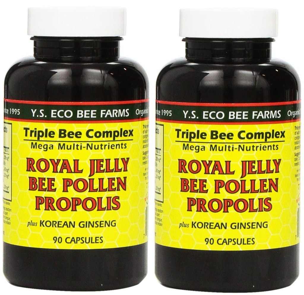 YS Eco Bee Farms, Royal Jelly Bee Pollen Propolis plus koreanska Ginseng, 90 kapslar (2Pack)