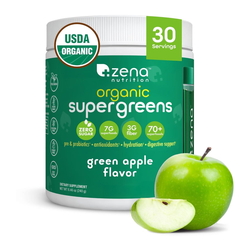 Zena Nutrition Organic Super Greens Powder, 70+ Superfoods, 0 Sugar, 3G Fiber, Spirulina, Chlorella, Mushrooms, Prebiotika/Probiotika, Digestive Enzymes for Gut Health, Green Apple, 30 Servings