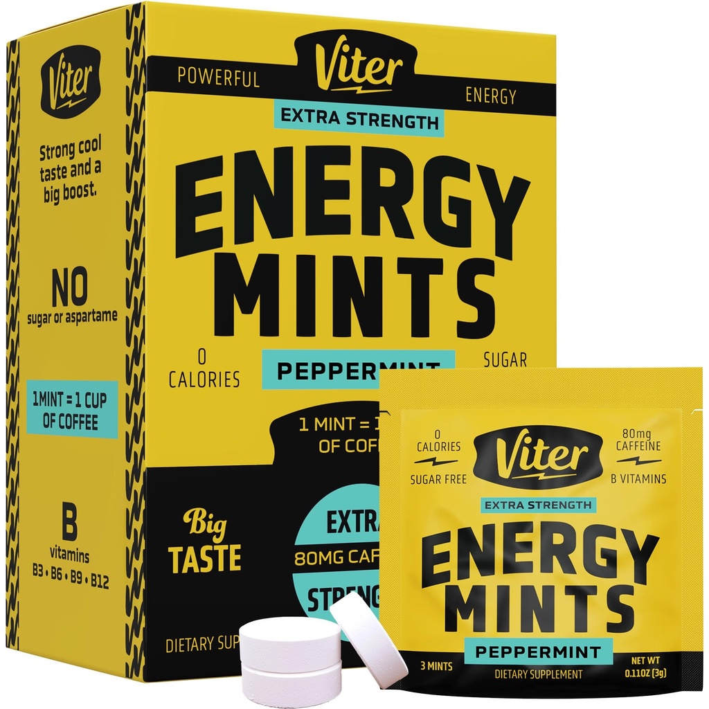Viter Energy Caffeine Mints 80 mg extra styrka - 90 stycken koffeinerade med B-vitaminer. Sugar Free Vegan Breath Mint. Energiera Nootropic Focus Booster för snabb varning (Peppermint smak, 30 Pack)