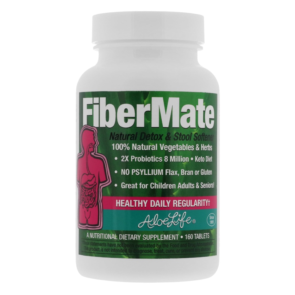 Aloe Life - FiberMate tabletter, Body Detox & Stool Softener, grönsaker och örter, Gentle Irregularity Relief, Safe Digestive Support, No Psyllium or Bran, Gluten- & Dairy-Free (160 tabletter)