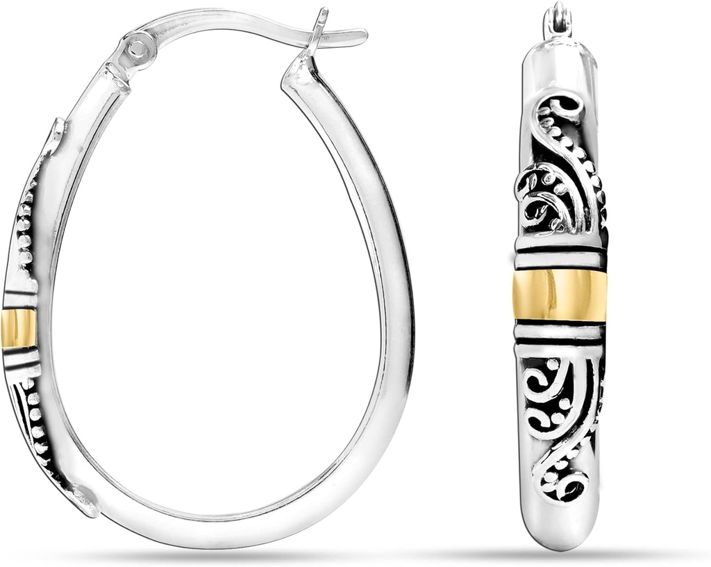 LeCalla 925 Sterling Silver Bali-Style Hoop Earrings Lightweight Click-Top Antique Two-Tone Beaded Italian Bali Style Earring Hoops för kvinnor