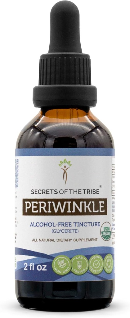 Hemligheter av stammen Periwinkle USDA Organic | Alkoholfri extrakt, högpotens Herbal Drops | Tillverkad av 100% certifierad organisk Periwinkle (Vinca Major) Torkade Herb (2 oz)