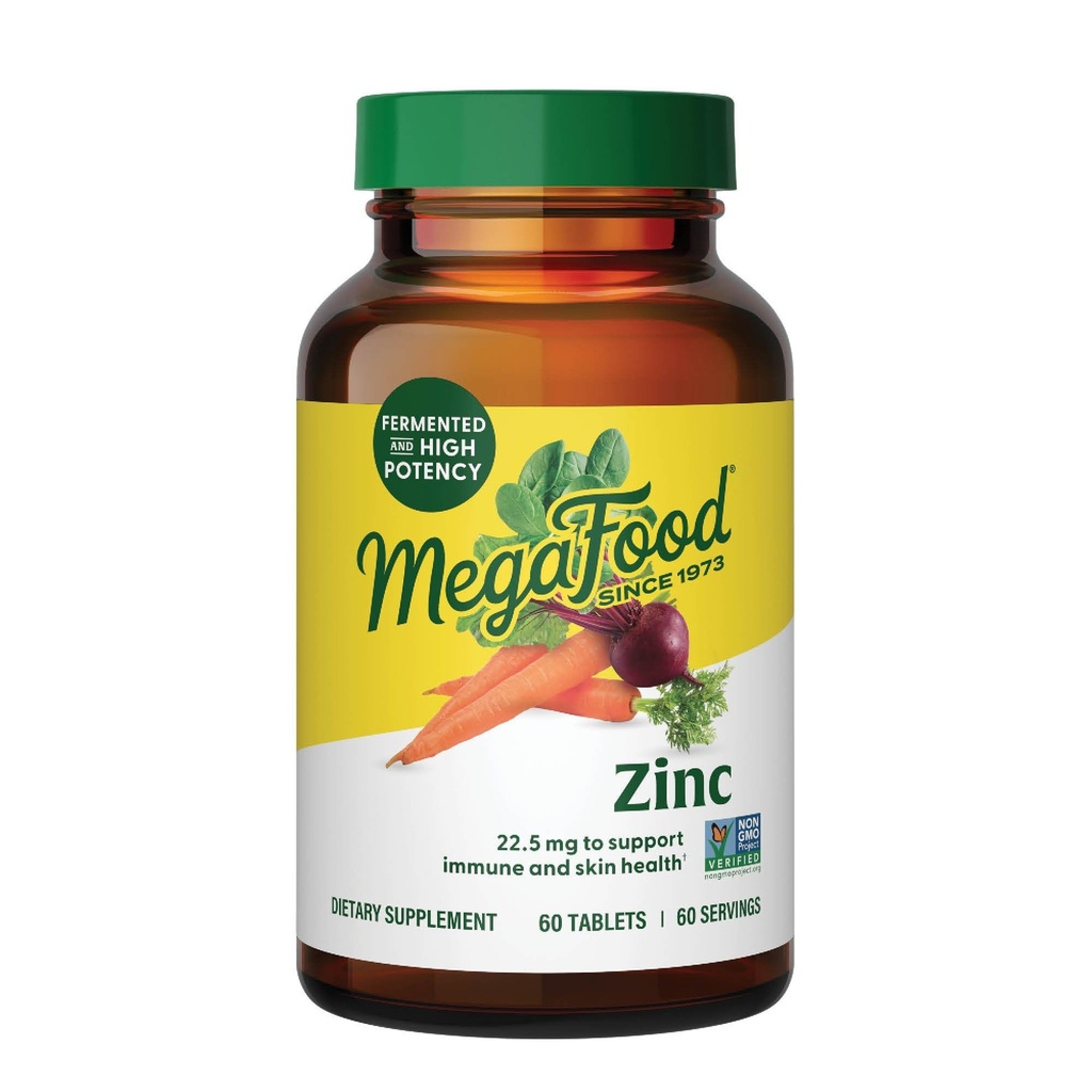 MegaFood Zink Supplements - Vegan Immune Support Supplement Med 22.5 mg Hög Potens Fermenterad Zink - Tillverkad med verklig mat - Glutenfri, Kosher - 60 tabletter, 60 portioner