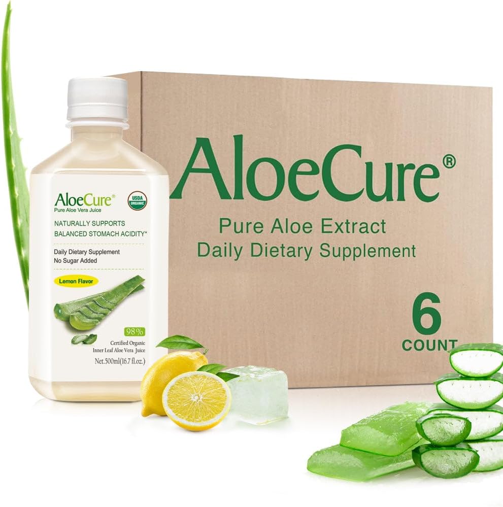 AloeCure USDA Organic Aloe Vera Juice Lemon Flavor - Tillverkad inom 12 timmar av skörd - Naturligt matsmältningstillskott för balanserad magsyra - Stöd Digestive and Immune Health, 6 Btls x 16.7oz