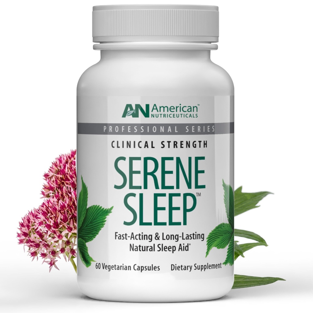 American Nutriceuticals - Serene Sleep Aid - med Melatonin & Magnesium - All naturlig sömnhjälp för vuxna - Långvarig - 60 kapslar -30 dagars leverans