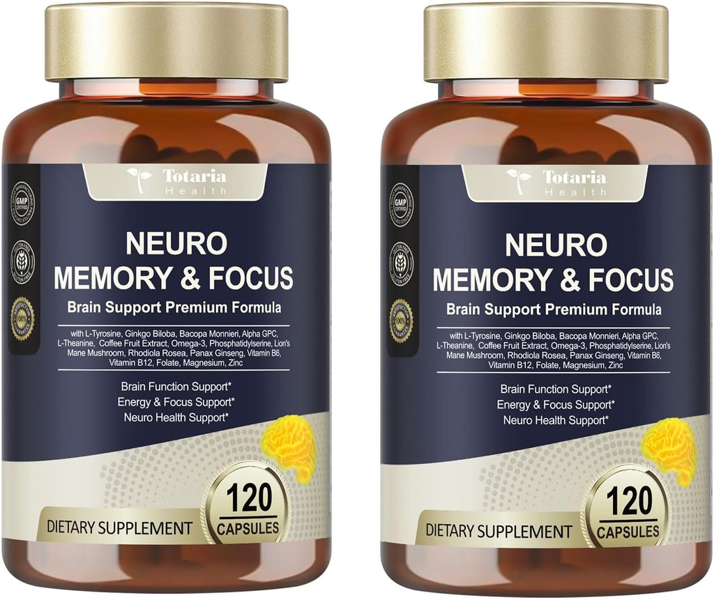 Totaria C-ognitive med koffeinpiller, L-Tyrosine, Alpha GPC, Ginkgo Biloba, Bacopa Monnieri Brain Supplement för minne och fokus, Brain Nootropic Support - Non-GMO, Gluten Free (120 grejer)