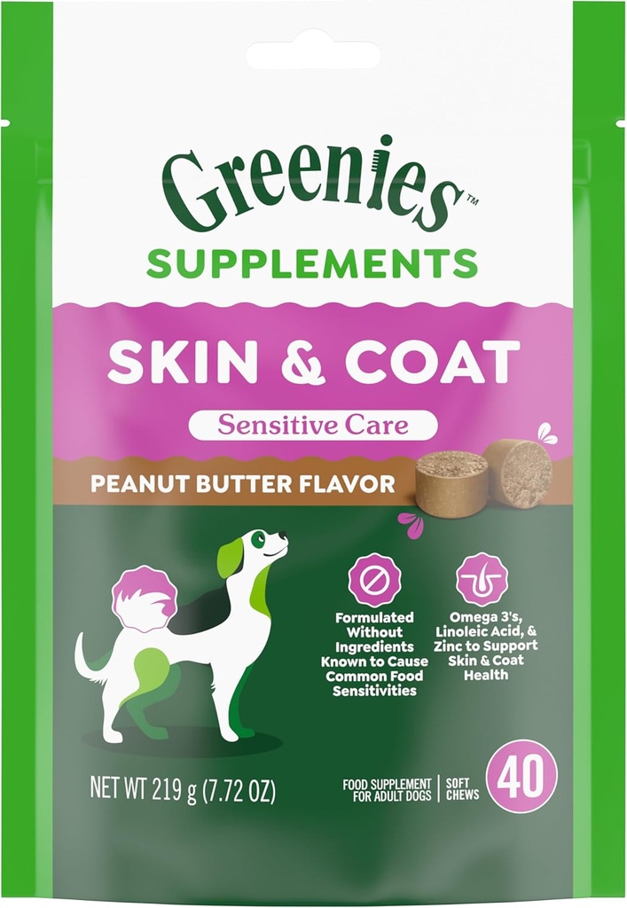 Greenies Sensitive Care Skin and Coat Supplement for Dogs with Fish Oil for Dogs Chicken-Free Formula Dog Supplement, Peanut Butter Flavor, 40-Count Soft Chews