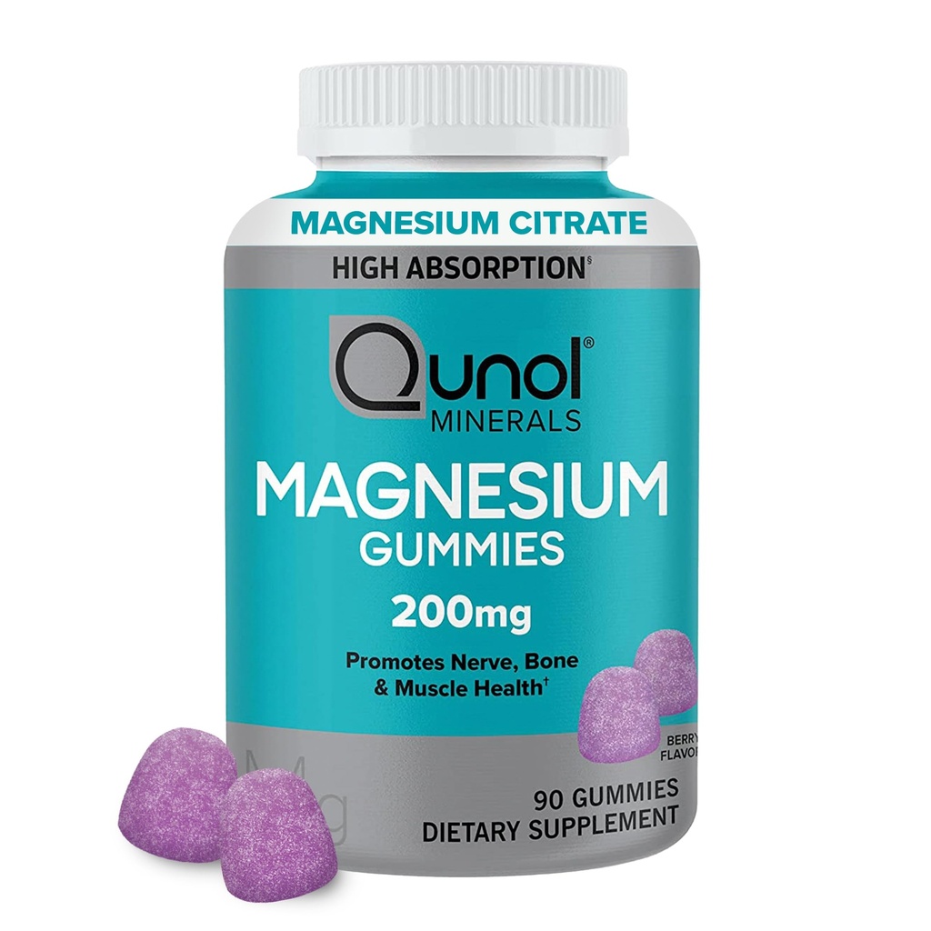 Qunol Magnesium Gummies for Adults, 200mg Elemental Magnesium (från 1,750mg Magnesium Citrate), High Absorption Magnesium Supplement, stöder Nerve, Bone and Muscle Health, Vegetarian, 90 Count