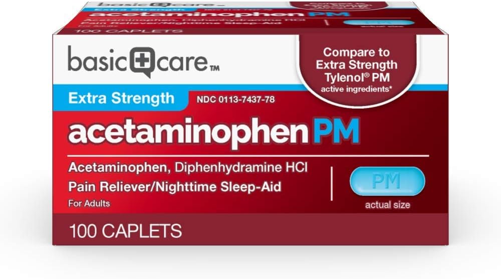 Grundläggande vård Acetaminophen PM, Smärta Reliever Plus Nighttime Sleep Aid Caplet, 100 greve