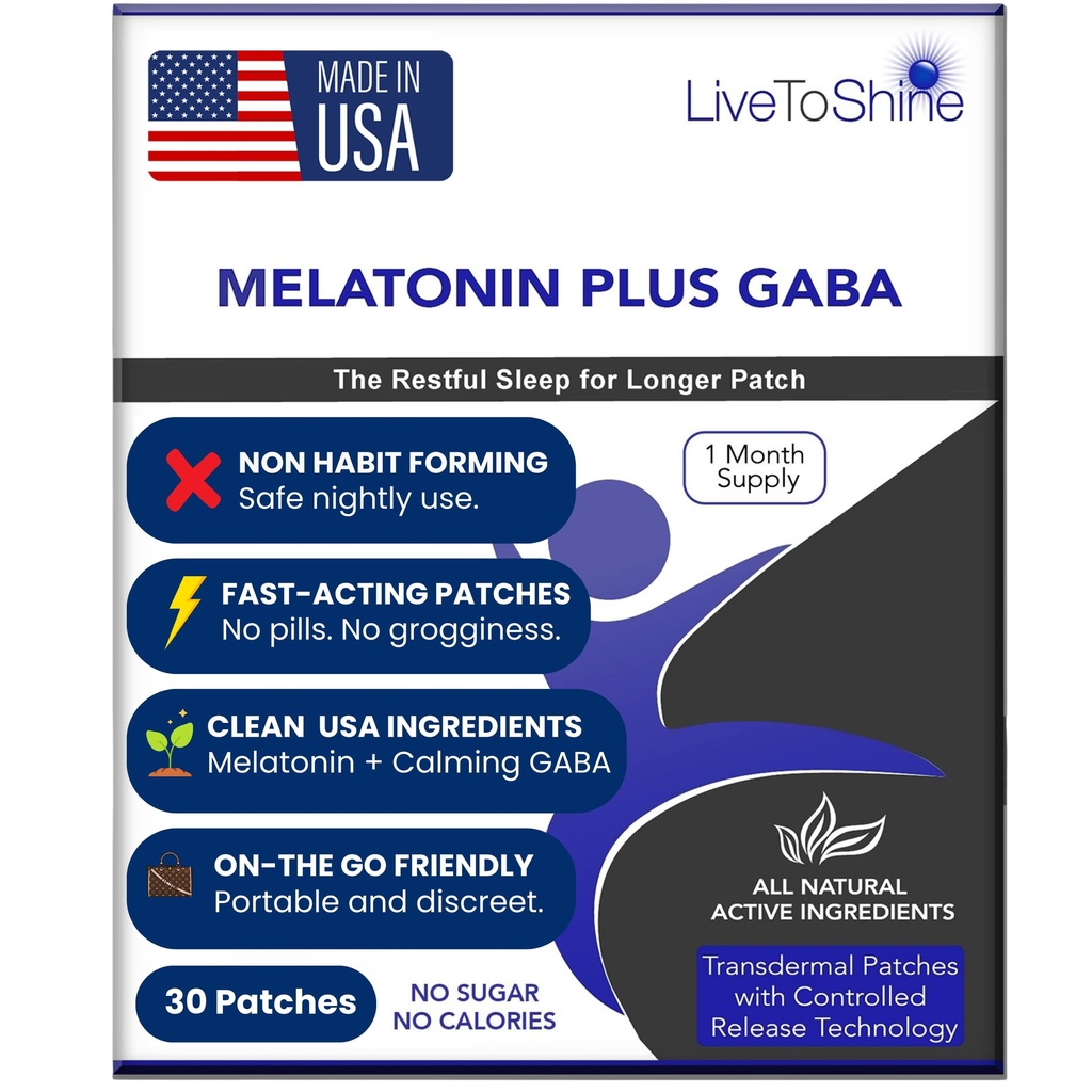 Live To Shine Melatonin Patches för sömn - Plus GABA att lugna upptagna hjärnor snabbt - Perfekt Combo för män och kvinnor - långsam frisättning - 30 Patches - USA Made