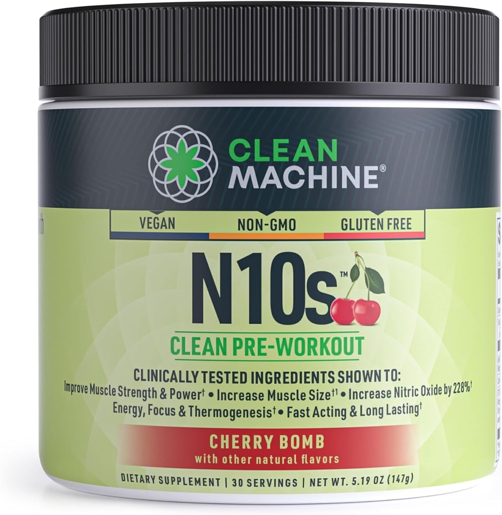 CLEAN MACHINE N10s Plant-Based Pre Workout Powder - Vegan Energy Supplement med 3 kliniskt testade patenterade ingredienser för muskelstorlek, styrka, pump och uthållighet - Icke-GMO, 30 portioner