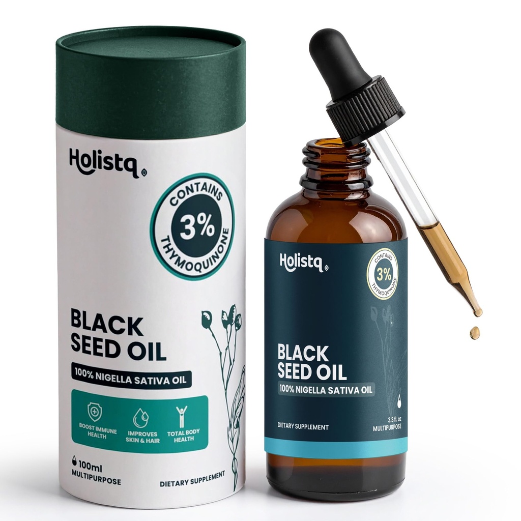 Holistiq Black Seed Oil Organic Cold Pressed Drops | 3% Thymoquinone | Non-GMO & Vegan | Cold Pressed Black Cumin Nigella Sativa Oil för Immune Support, Aceite de Comino Negro - Drops, 100 ml