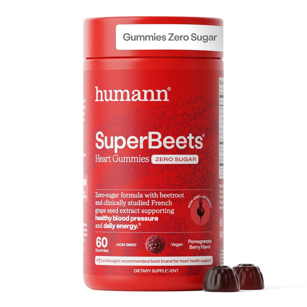 HumanN SuperBeets Heart Gummies - Beet Gummy med energistöd, Grape Seed Extract & Beetroot Powder, Sugar Free - Pomegranate Berry Flavor, 60 Count