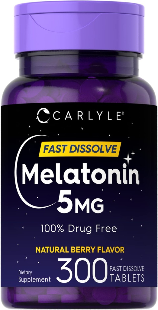 Carlyle Melatonin 5 mg Snabbupplöst 300 tabletter | Berry smak | Vegetarisk, icke-GMO-tillägg