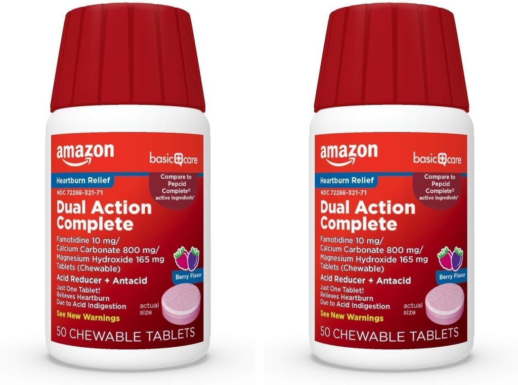 Grundläggande vård Dual Action Complete, Chewable Acid Reducer Plus Antacid Tablets, Berry Flavor, Heartburn Medicine, Acid Indigestion Relief, 50 Count (Pack of 2)