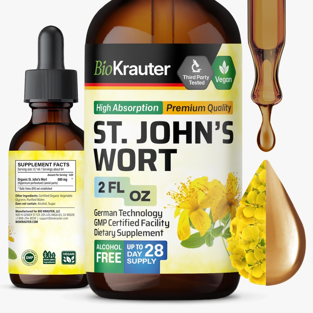BIO KRAUTER St John's Wort Tincture - Hypericum Perforatum Liquid Extract för humörstöd - Hög Absorption - Vegan Drops 2 Fl.Oz.