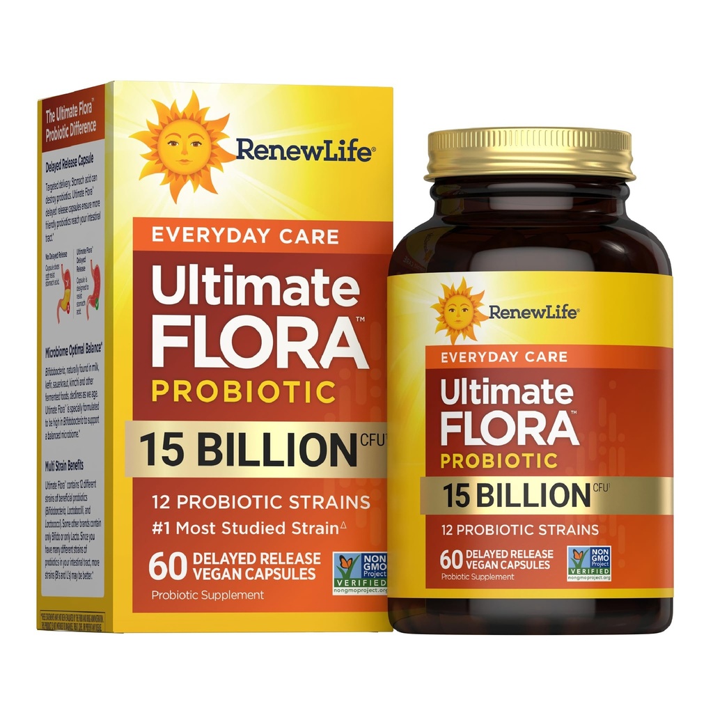 Renew Life Everyday Probiotic Capsules, Daily Supplement Supports Urinary, Digestive and Immune Health, L. Rhamnosus GG, Dairy, Soy och glutenfri, 15 miljarder CFU, 60 Count