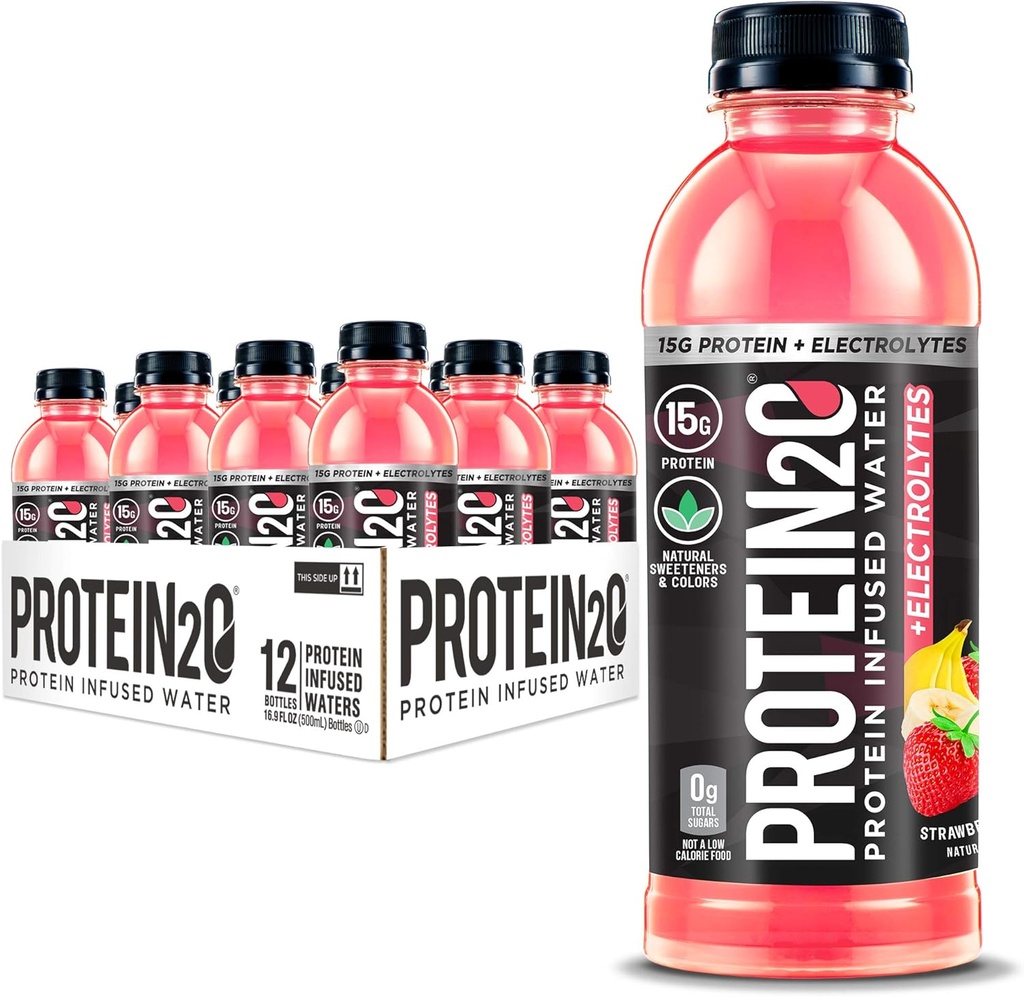 Protein2o + Electrolytes, Low Calorie Protein Infused Water, 15g Whey Protein Isolate, Strawberry Banana, 16,91 fl oz (pack 12)