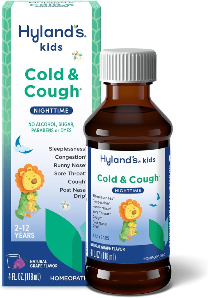 Hyland's Kids Cold and Cough, Nighttime Grape Flavor Cough Syrup Medicine for Kids Ages 2 and up, Decongestant, Sore Throat, and Sleeplessness Relief of Common Cold Symptoms, 4 Fl Oz