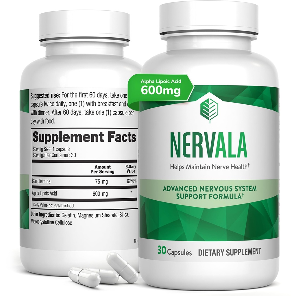 Nervala - Alpha Lipoic Acid 600mg - ALA Supplement Antioxidant för Nerve, Energy & Circulation Support - Extra Styrka med Benfotiamine - Tillverkad i USA, Lab Testad - 30 kapslar, 1 månad Supply