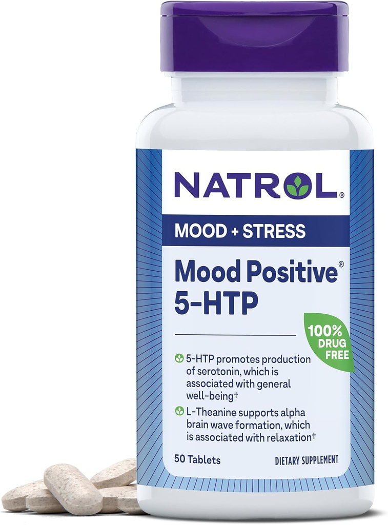 Natrol Mood Positiv 5-HTP och L-Theanin för balanserad humör och avkoppling, 50 tabletter, upp till en 50-dagars leverans