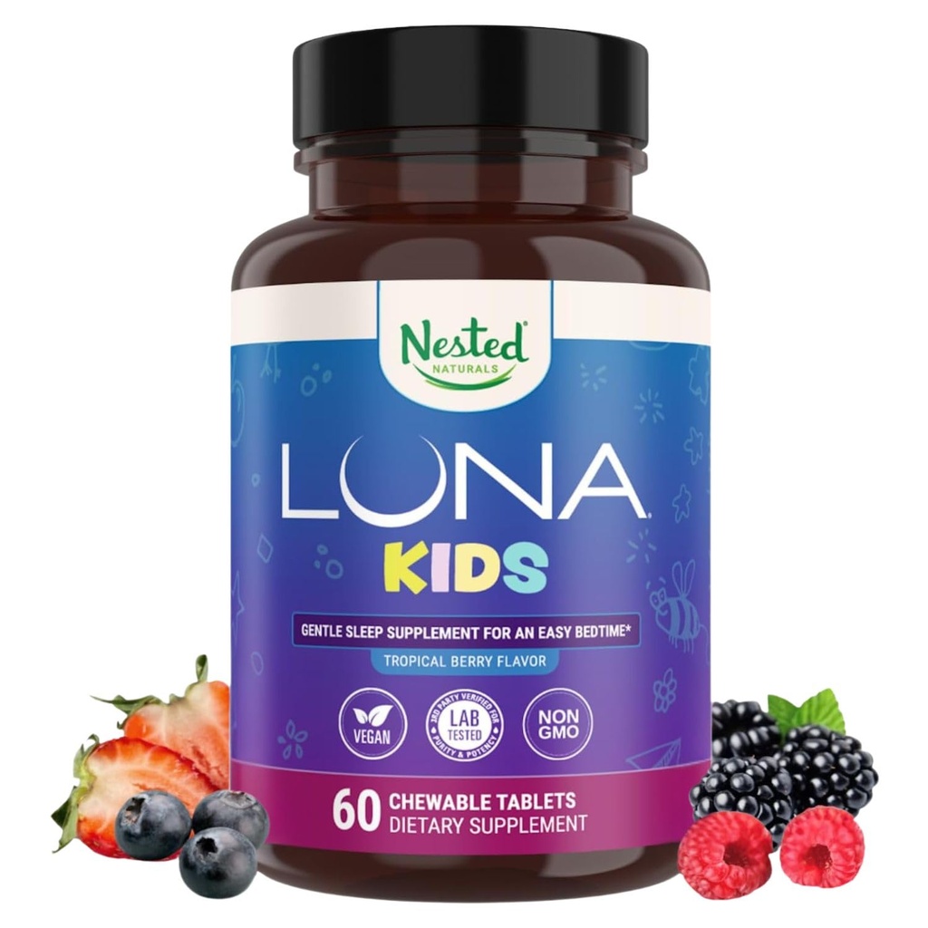 LUNA Kids | # 1 Sleep Aid tabletter för barn 4 + och känsliga vuxna | Naturligt källade ingredienser | 60 x Chewable piller | Gentle, Herbal Supplement med Chamomile, Melatonin, Valerian & Lemon Balm