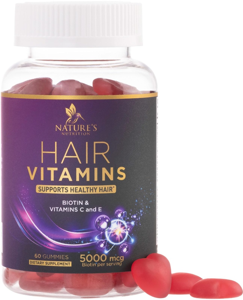 Hår Vitaminer Gummies med Biotin 5000 mcg - Starkare, Radiant Hair, Skin & Nails Supplement - Vitamin E & C, Hair Growth Support Vitamin för kvinnor och män, Non-GMO & Gluten Free - 60 Gummies