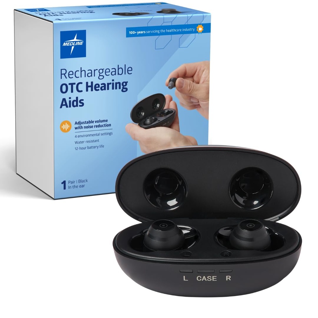 Medline Rechargeable OTC Hearing Aids, Black, in-The-Ear, 4 Miljöinställningar, Vattenresistent, Justerbar volym, Mild till måttlig hörselnedsättning, bullerreducering, Ebud Hearing Aids
