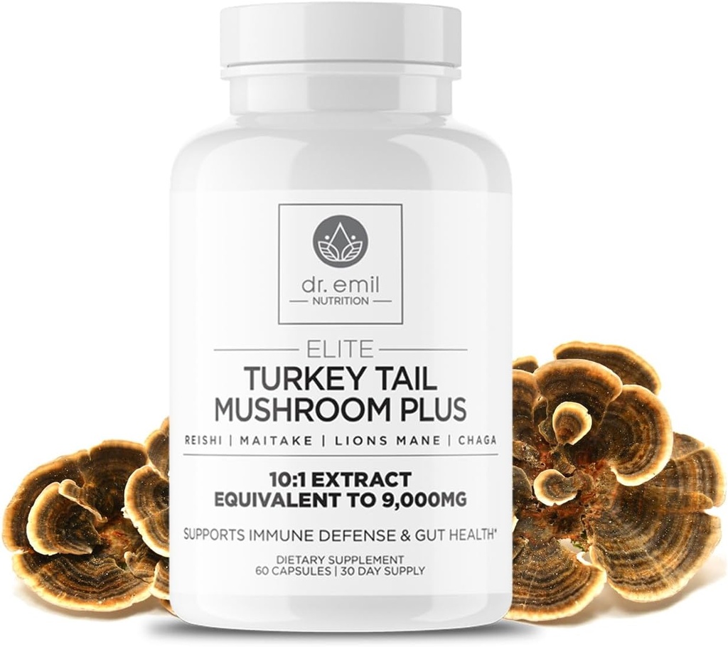 EMIL NUTRITION Turkiet Tail Mushroom Capsules - Turkiet Tail Mushroom Supplement för immunitet & Gut Health - Elite Formel med Lion's Mane, Chaga, Reishi & Maitake