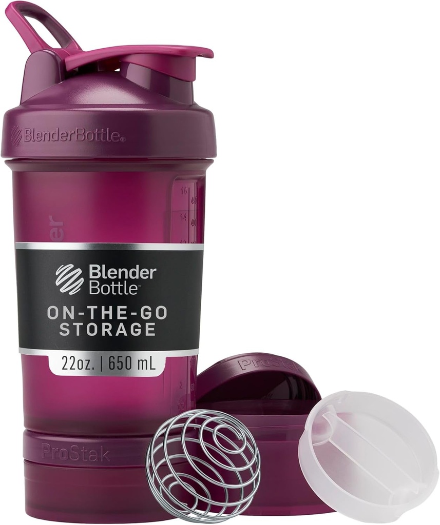 BlenderBottle Shaker Bottle med Pill Organizer och lagring för proteinpulver, klassisk V2 ProStak System, 22-Ounce, Plum