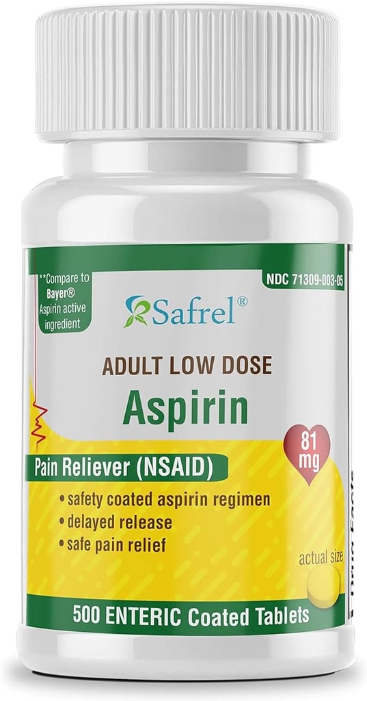 Safrel Generic Bayer Baby Aspirin 81 mg (500 Enteric Coated Tablets) | Adult Low Dose Strength Safe Pain Reliever (NSAID) för mindre värk | Värdepaket