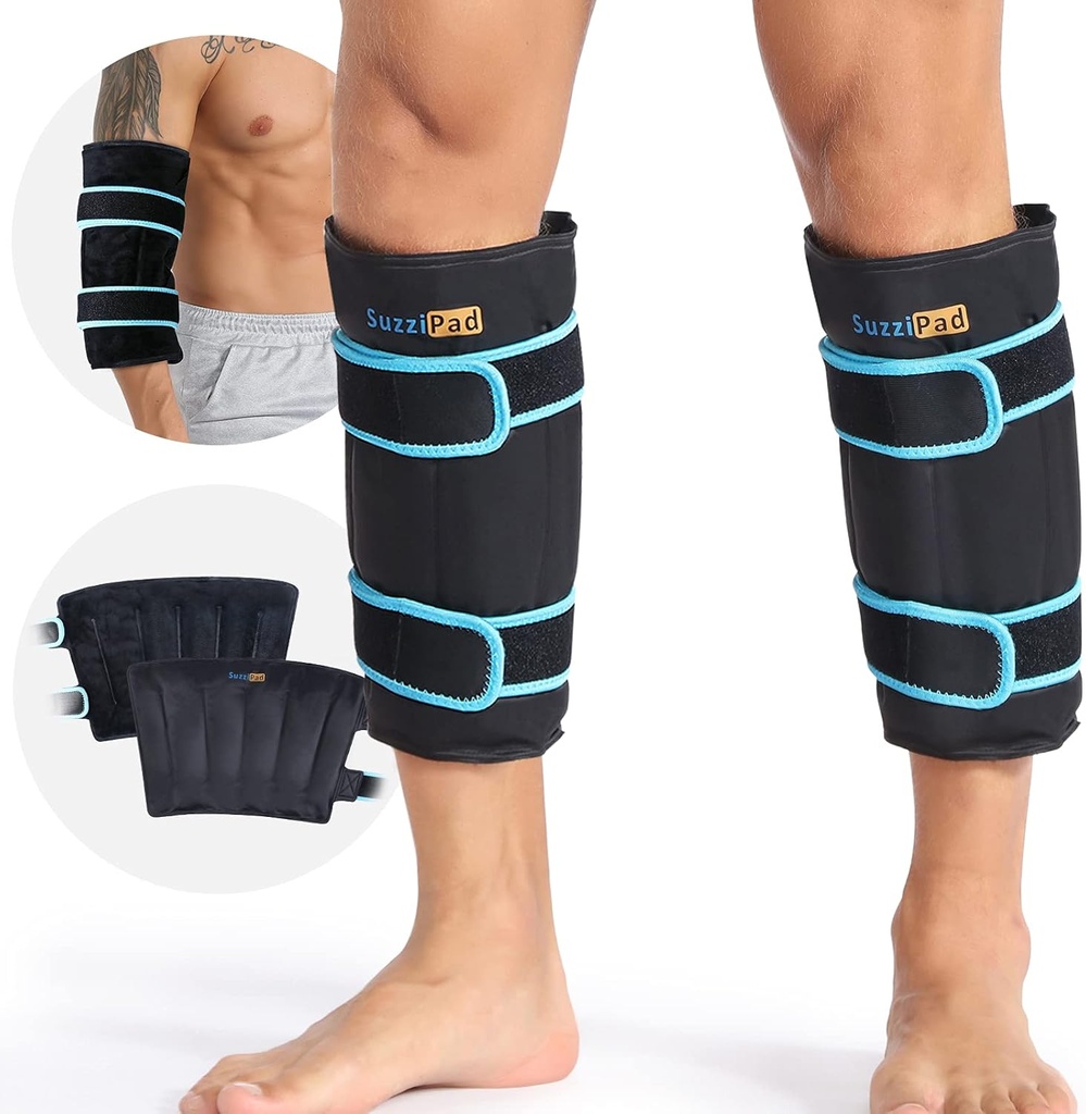SuzziPad 360° Cold Pack för Kalv, Shin, Arm & Elbow - Ice Wrap med Dual-Cover Design, Justerbar Velcro Straps, Leakproof & Reusable Cold Compress för Post-Workout Recovery (2 Packs), Black