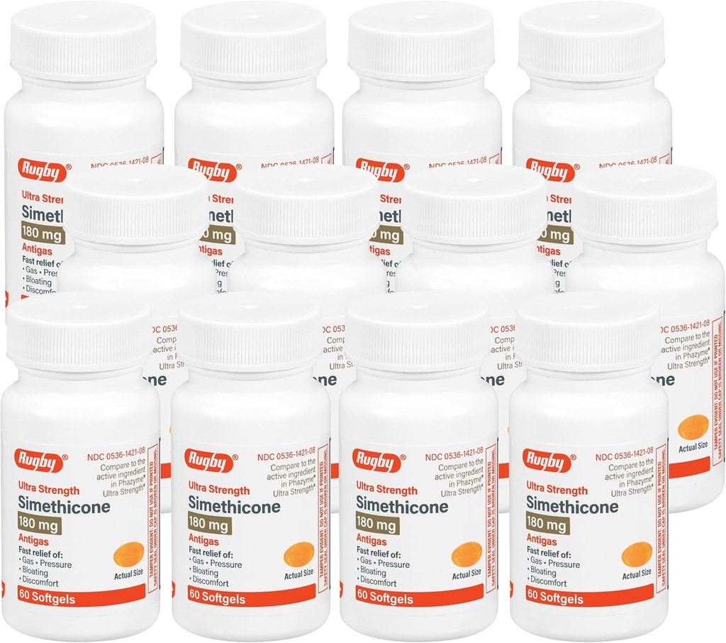 Rugby Ultra Strength Simethicone Gas Relief 180 mg - Maximal Gas Relief för vuxna - kan hjälpa till med symtom på flatulens, uppblåsthet, gas fullhet - 60 Softgels (12 Pack)