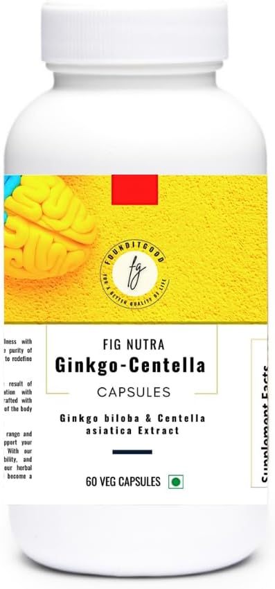 FiG Nutra "Ginkgo-Centella" Capsules | Hjärnhälsotillskott för fokus och minne | Kraftfullt blandning av Ginkgo biloba Leaf Extract och Centella asiatica Leaf Extract | 60 Veg Capsules