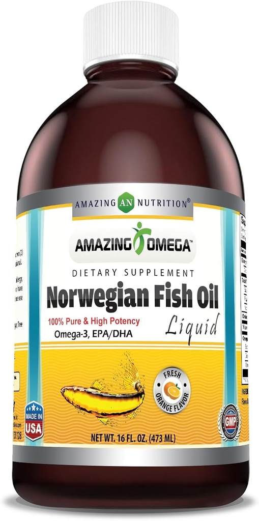 Fantastisk Omega Norwegian Fish Oil 16 Oz Supplement | 1625mg Omega -3s, DHA, EPA per servering | Färsk Orange smak | Non-GMO | Gluten Free