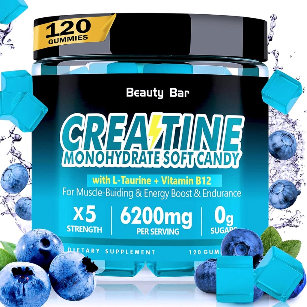 Kreatinmonohydrat Gummies,6200mg för män och kvinnor, tuggbar kreatin för förbättrad muskeltillväxt, styrka och återhämtning, sockerfri pre-workout tillskott,120 greve, blåbär smak