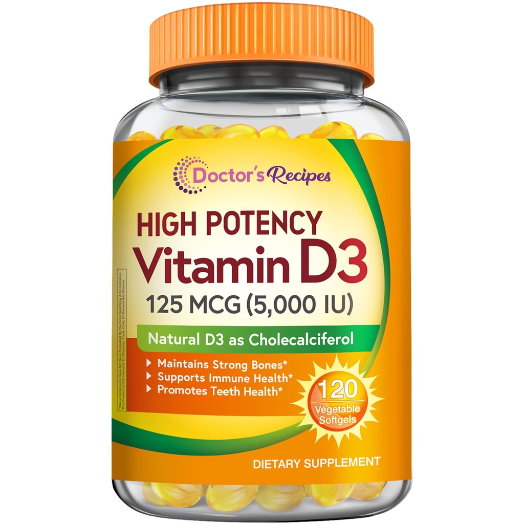 Doktorns recept vitamin D3 5000IU, immunstöd för ben, tänder och immunfunktion, icke-GMO, ingen gelatin, gluten eller soja, 120 vegetariska mjukglar