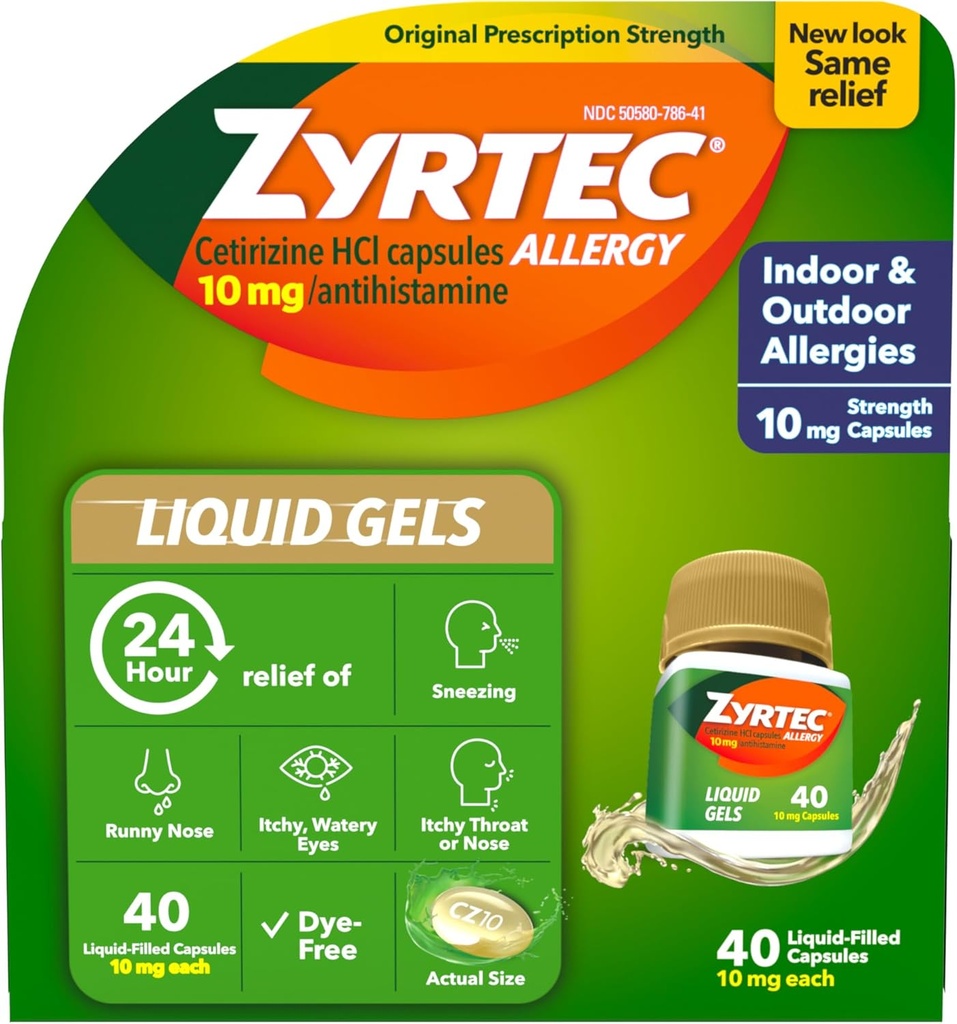 Zyrtec 24 Hour Allergy Relief Liquid Gels, Antihistamine Capsules med Cetirizine HCl Allergy Medicine för All-Day Relief från Runny Nose, Sneezing, Itchy Eyes & More, 40 Count