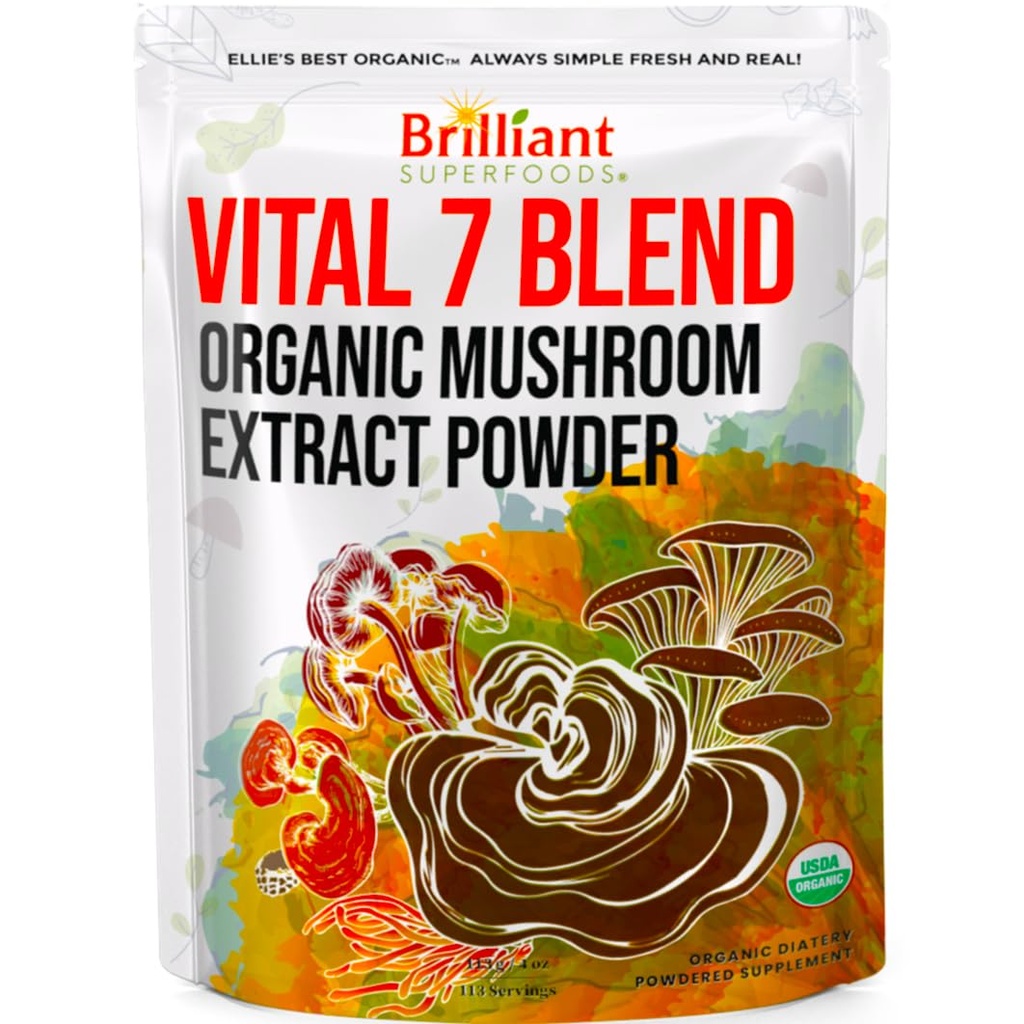 Ellie's Best 7 Mushroom Powder Extract Blend Supplement Organic 114 Servings High Potency Double Extracted Cordyceps, Reishi, Turkiet Tail, Chaga, Lion's Mane - 4oz