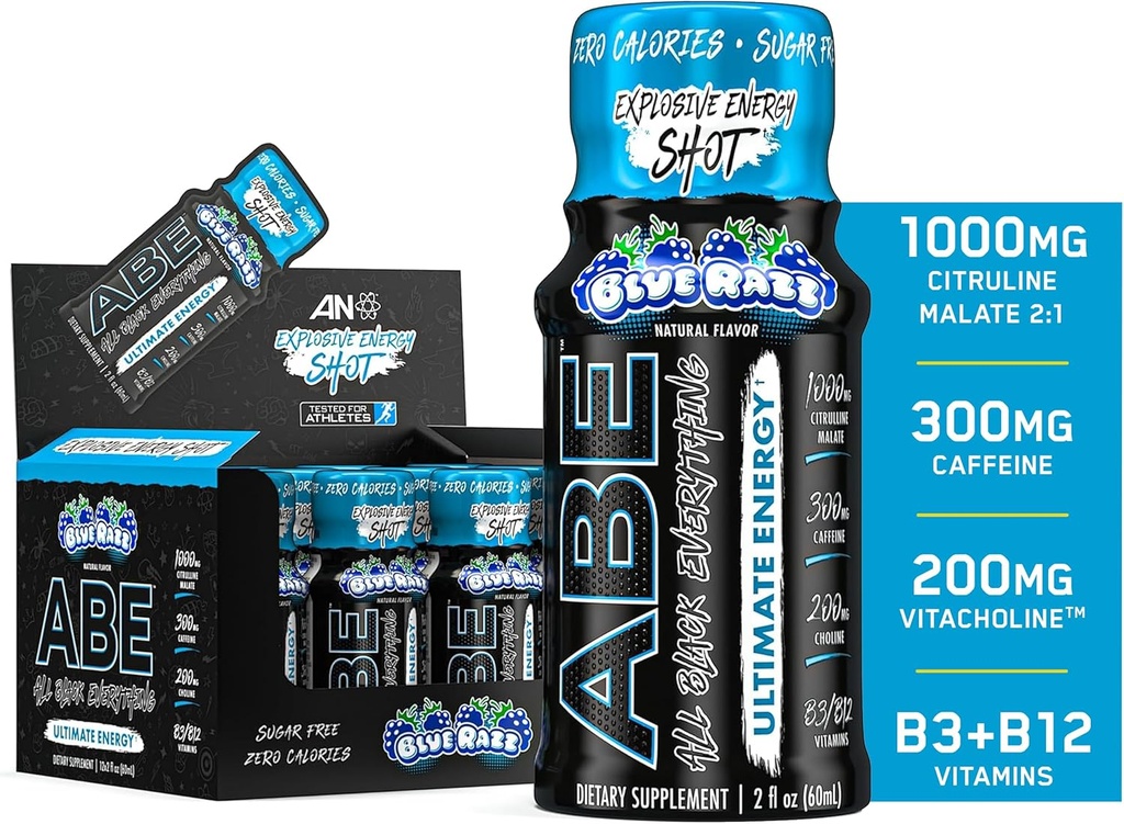 All Black Everything Energy Shots | 12 Pack | 300 mg koffein | Blue Razz | Zero Sugar | Energifokus Supplement | Nootropic Blend för gym eller arbete