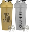 [2 Pack] 28 Ounce Proten Shaker Bottles med Mixer Agitators med motiverande citat | Perfekt för att blanda protein, Pre-Workout och Greens Drinks | BPA Free och Dishwasher Safe | Gold & Silver